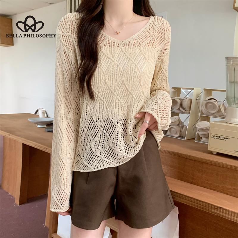 

Новый полый пуловер с v-образным вырезом и защитой от солнца, блузка, свободный тонкий вязаный топ с длинными рукавами, женская модная повседневная рубашка one size абрикосовый