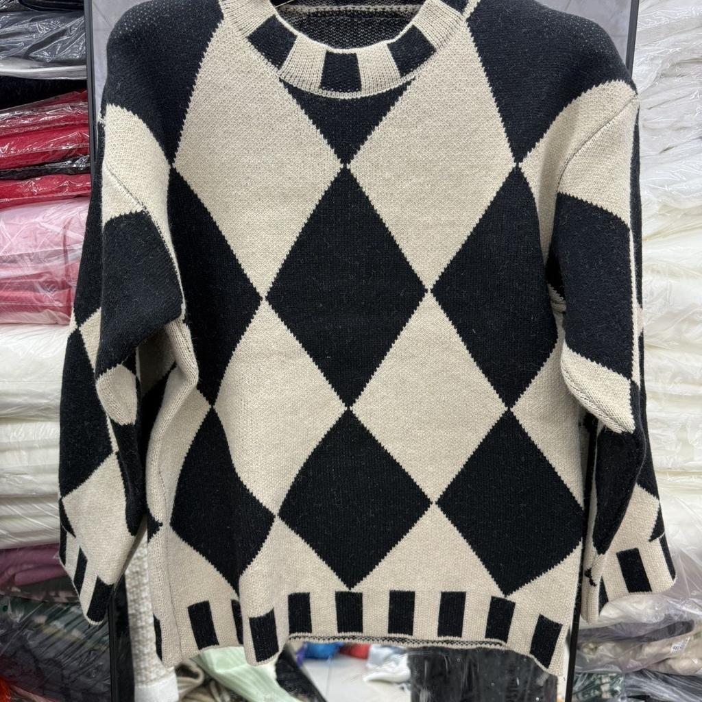Spring and Autumn Women's Colourblocking Sweater Diamond Printed Knit Sweater Pullover High Neck Knit Sweater