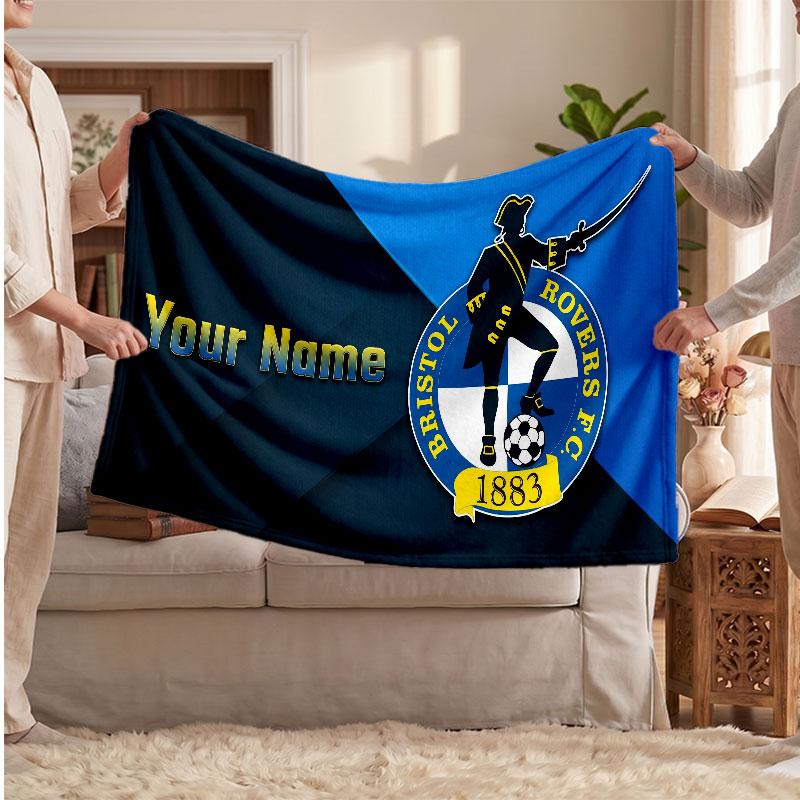 Bristol Rovers Personalized Fleece Blanket With Football Logo, Custom Name Text Soft Warm Home Throw Blanket