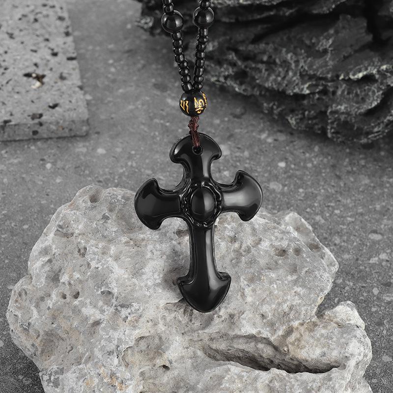 Obsidiaan Kristal Kruis Stijl Retro Mode Licht Luxe Sieraden Hanger Ketting