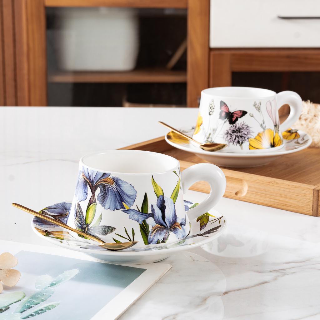 Niche Hand-Painted Floral Ceramic Coffee Cup and Saucer - Luxurious Nordic Design