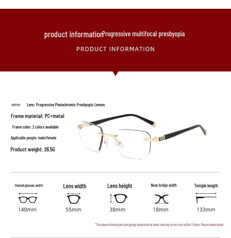 Rimless Photochromic Multifocal Reading Glasses for Near & Far with Smart Zoom