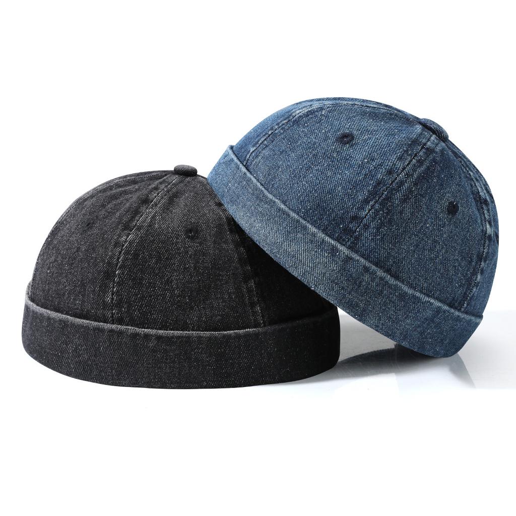 Hip Hop Blue Denim Washed Cotton Landlord Hat Docker Cap Rolled Edge Brimless Hat Solid Adjustable Beanie Hats Streetwear