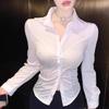 V-Neck Slim Fit Bodycon White Shirt for Women - Sexy Waist-Cinching Top with Chic Chest Design, Perfect for Autumn/Spring.