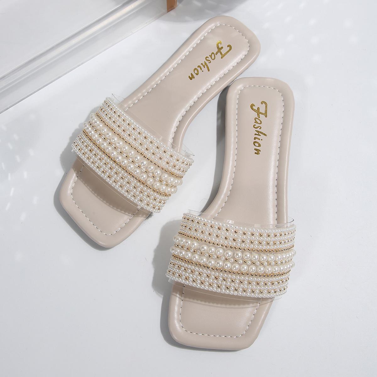 

[Foreign Trade] Xiaoxiangfeng rhinestone pearl cool slippers women s summer gentle temperament with skirt flat bottom one-word drag 43 абрикосовый
