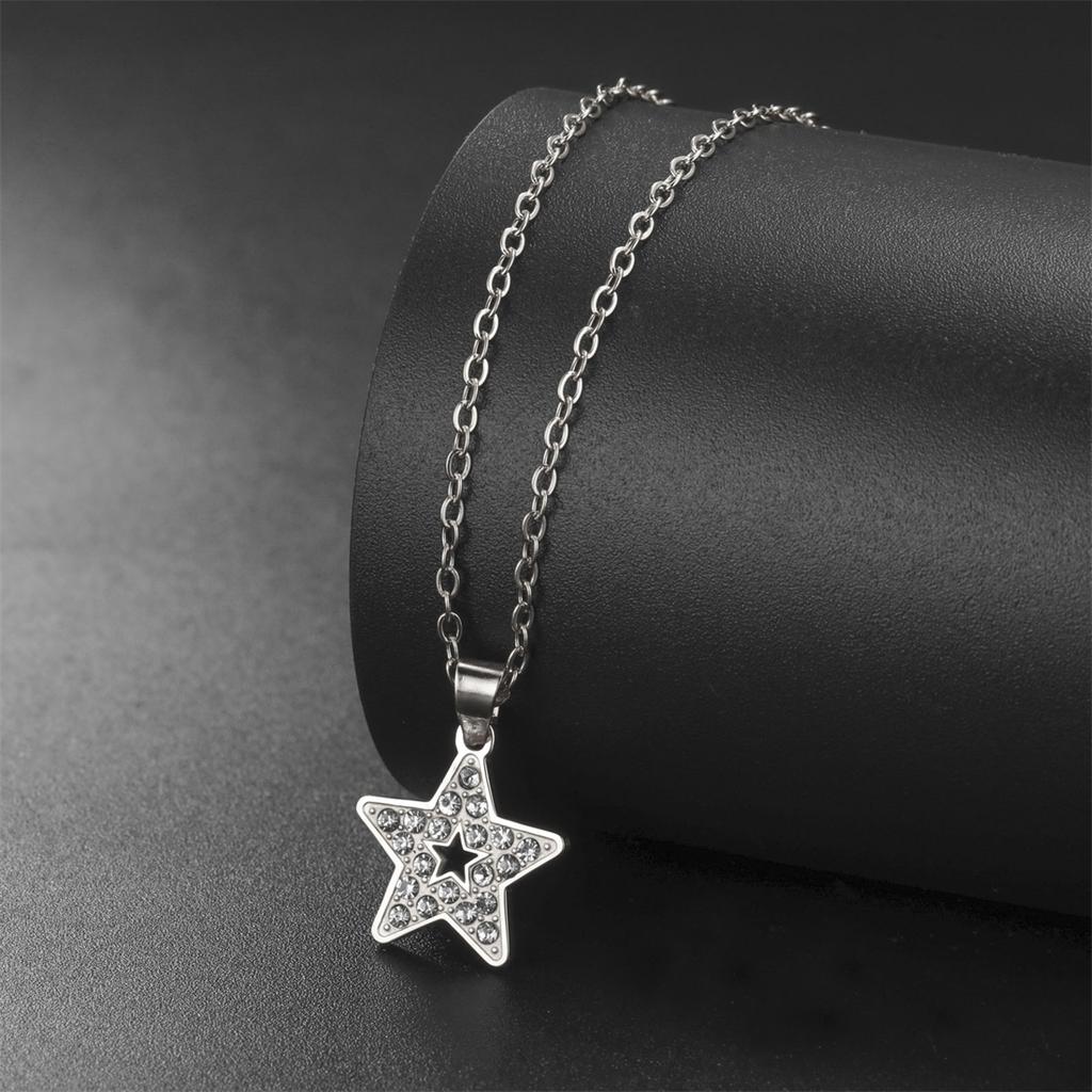 Rhinestones Heart Necklace for Women Stainless Steel Fashion Pentagram Star Pendant Chain Valentine's Day Jewelry Gift