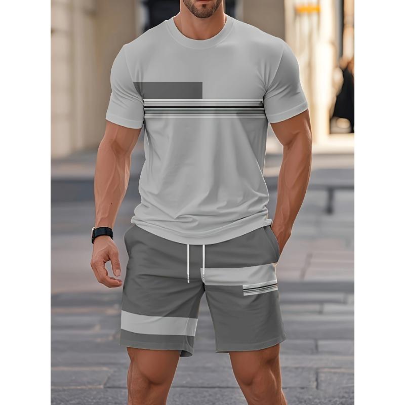 

Summer New Arrival Men s Casual Two-Piece Set Striped Short-Sleeve Shirt and Athletic Shorts Set Men s Fitness Set L
