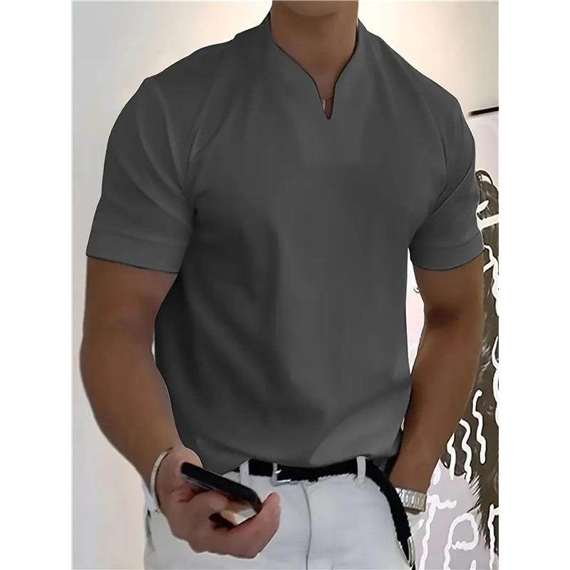 Men V‑Neck Short Sleeve T‑Shirt Elastic Slim Fit Henley Tee Solid Color Breathable Casual Tops For Fitness Sports Daily Summer Street Wear