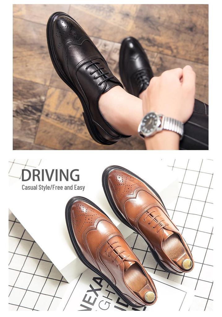 Men's 2025 Spring/Autumn British Style Brogue Leather Shoes: Pointed Toe, Large Size, Casual & Formal Wear, Breathable Design.