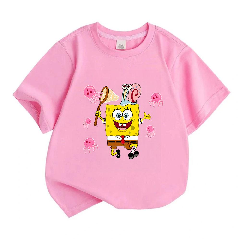 Kids Boys Girls 100% Cotton Crew Neck Short Sleeve T-Shirt, Cute Cartoon Sea Sponge Pet Snail Jellyfish Print Casual Summer Tee Tops for Children