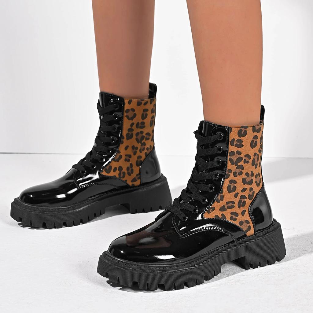 Fashion Women Boots High Quality Cross-tied British Style Boots Women Fashion Leopard Print Casual Shoes Women Round Toe Mid-Calf Boots