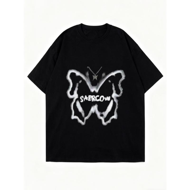 Oversized T Shirt Black Butterfly Print With Saercow Text Casual Streetwear Fashion Women Summer Top