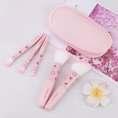 5Pcs Cute Compact Makeup Brush Set With Case Premium Brush For Flawless Foundation, Blush, Eyeshadow Application Beauty Tools