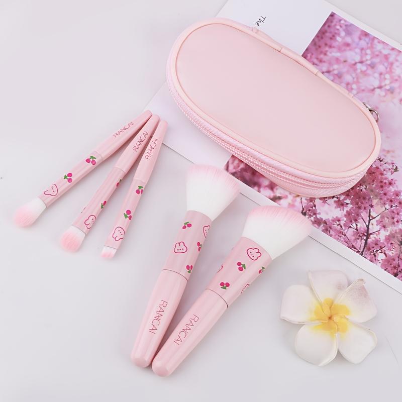 5Pcs Cute Compact Makeup Brush Set With Case Premium Brush For Flawless Foundation, Blush, Eyeshadow Application Beauty Tools