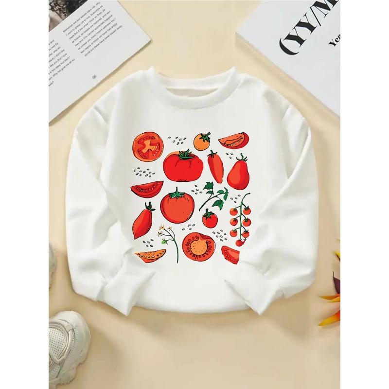 Kids Crewneck Sweatshirt, Hand Drawn Fresh Tomato Varieties Print, Spring Autumn Casual Sport Tops 110 белый