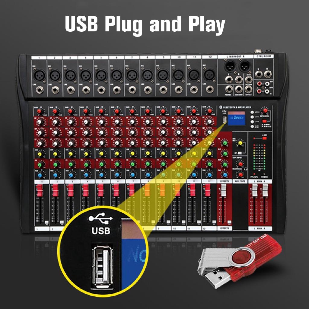 12 Channel Bluetooth Live Studio Audio Mixer Mixing Console w/ USB XLR Input 48V Black