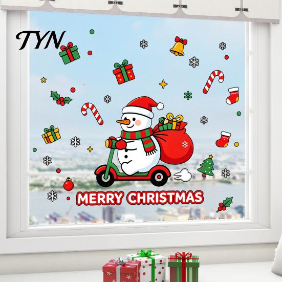 Indoor Outdoor Holiday Decor Cute Snowman Scooter Christmas Static Window Cling, Cartoon Merry Glass Removable Seasonal Decals Decal,