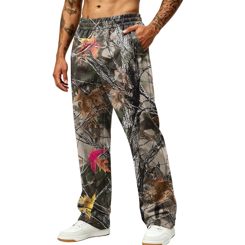 Men's Casual Printed Wide Leg Hunting Jogger Pants with Pockets Relaxed Fit