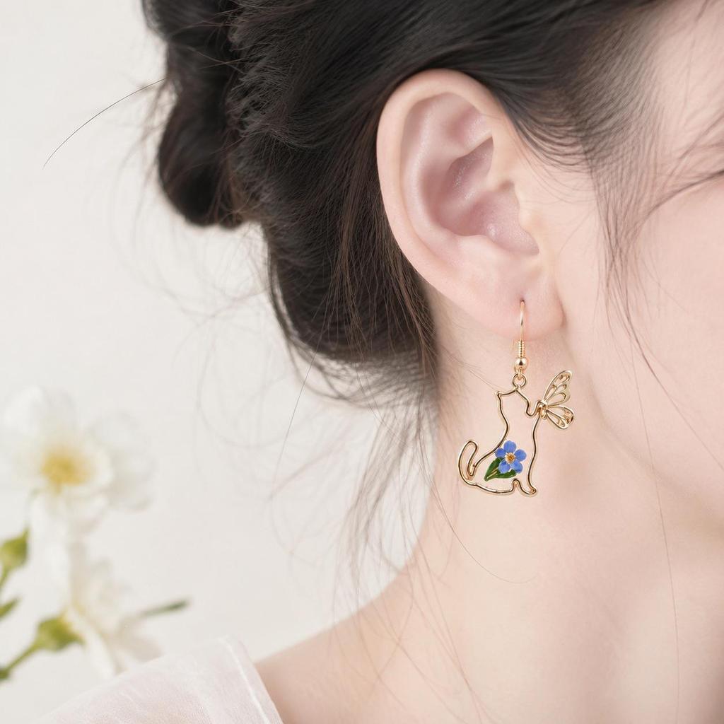 Chic Hollow Cat and Butterfly Pendant Earrings for Women - Fashionable Small Animal Ear Accessories