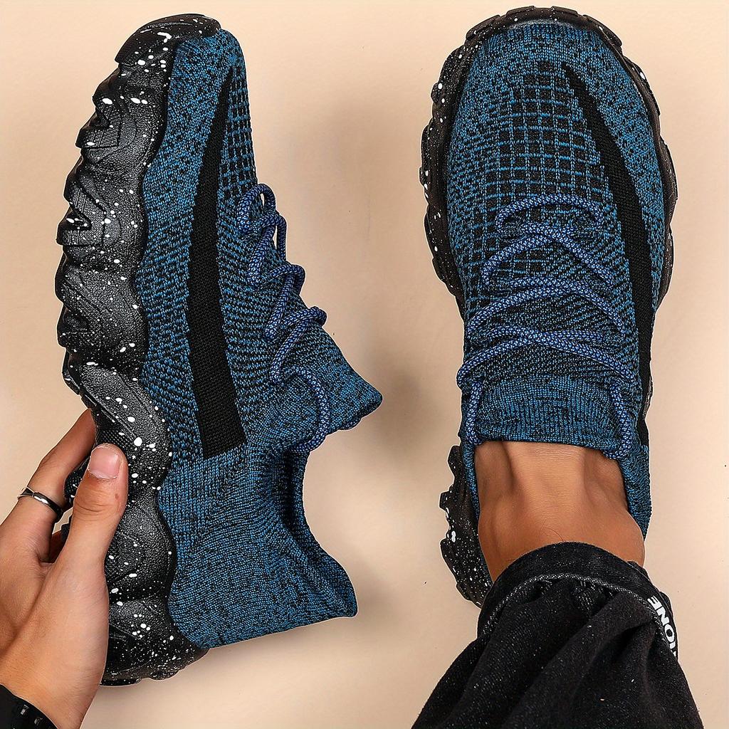 Men'S Casual Sneakers  Breathable Knit Upper Geometric Pattern Lace-Up Closure Durable Rubber Sole Comfortable Fabric Lining for Spring Sports