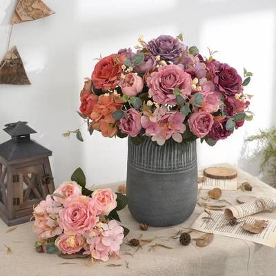 Künstliche Blumen Retro Seide Rosenstrauß Hortensie Pfingstrose Vintage Braut hält gefälschte Pflanzen Home Hochzeit Dekoration Zubehör