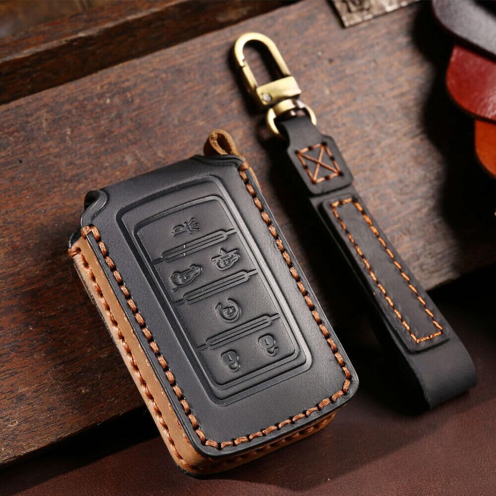 

TEAMWILL Leather Key Fob Cover Case Chain 6 Buttons Fit for Jeep Grand Cherokee Wagoneer Keyless (Black) чёрный