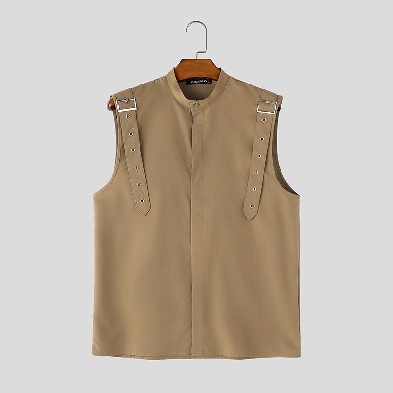 INCERUN Oversized Men Stand Neck Sleeveless Buttons Casual Loose Tank Tops