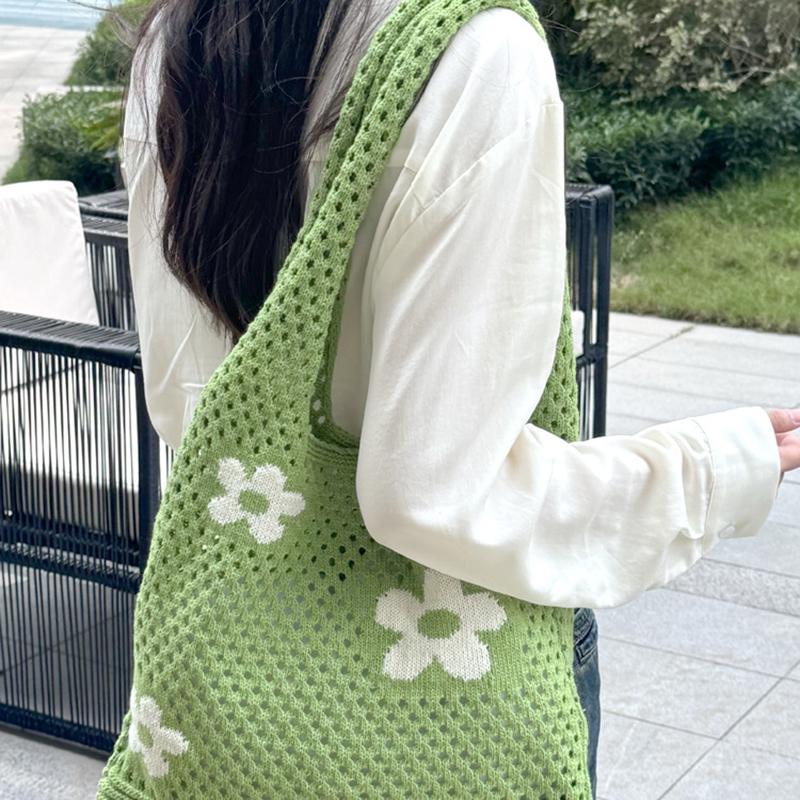 Damen-Umhängetasche mit großem Fassungsvermögen, modisches Blumenmuster, gehäkelte Tragetasche, All-Match-Tasche, süße Gürteltasche, Stricktasche