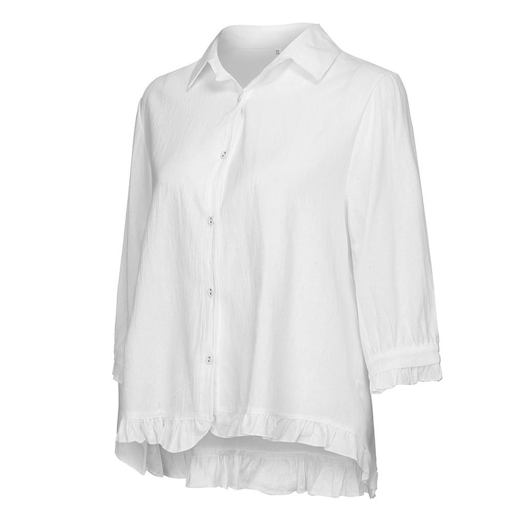 Damen Baumwolle und Leinen Spitze Einfarbig Knopfleiste Oberteil Saum Kurzarm