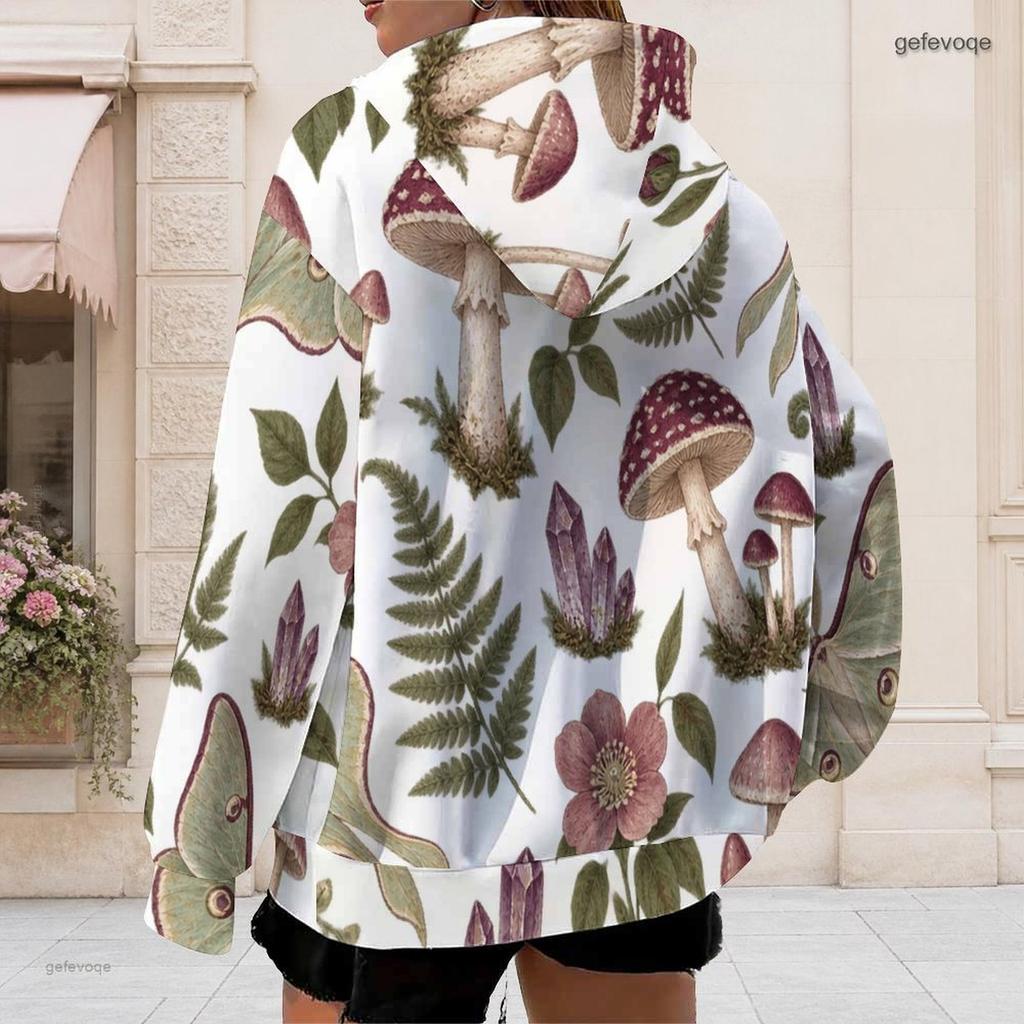 Women Plus Size Zip Up Long Sleeve Drawstring Hoodie White Dark Rose Bat Key Lock Printed Sweatshirt With Pockets