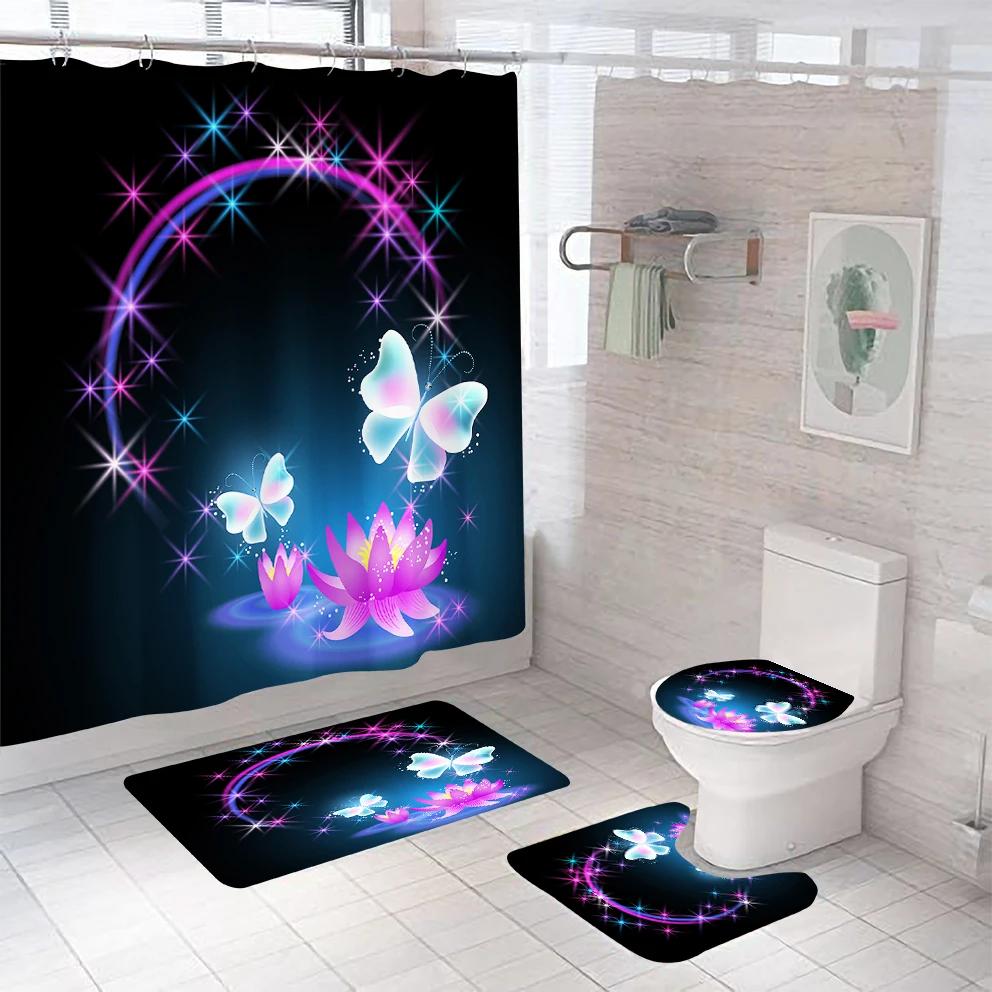 Colorful Butterfly Shower Curtain Set Waterproof Bathroom Curtain Set Anti-Slip Bath Mat Set Toilet Rugs Carpet Home Decor