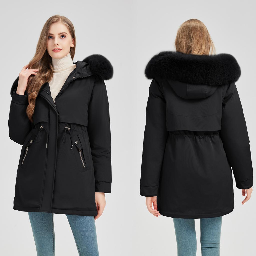 New Winter New Velvet and Thickened Parka Cotton Jacket for Women, Mid-length Fur Collar Cotton Jacket