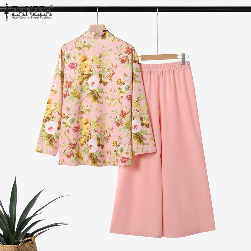 ZANZEA Women Long Sleeve Floral Blouse and Pants Casual Two Piece Suit Sets