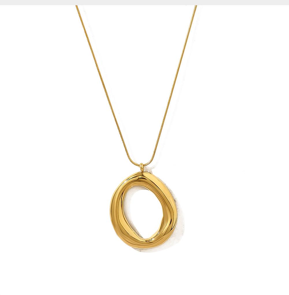 Women's European American Fashion Geometric Hollow Stainless Steel 18K Gold Plated Bamboo Chain Simple Smooth O Pendant Necklace