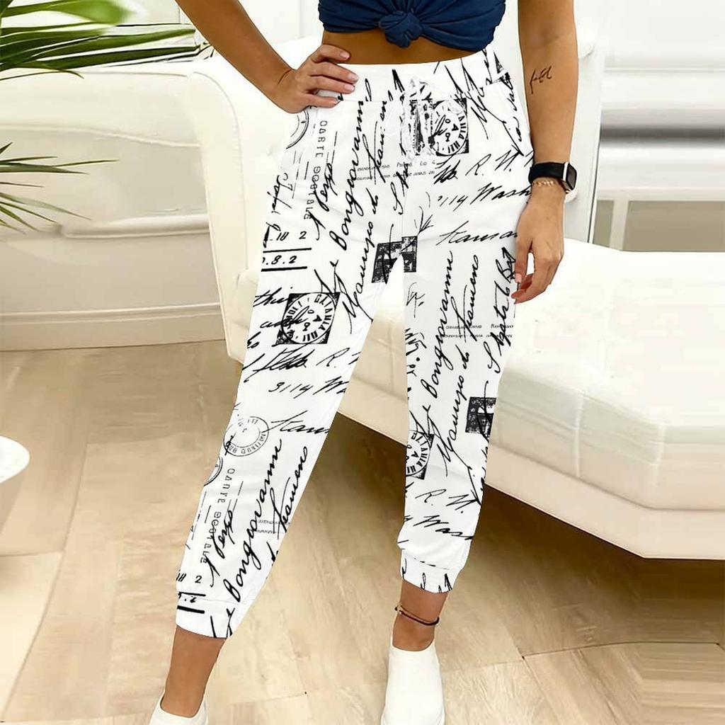 Summer Ladies Beautiful Floral Printed Sweatpants Loose Fit Drawstring Joggers Elastic Cuff Daily Casual Pants