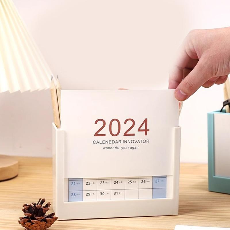 Multifunctional Desk Pencil Holder with 2024 Monthly Calendar, Office Desktop Organizer Pen Holder for Student Teacher