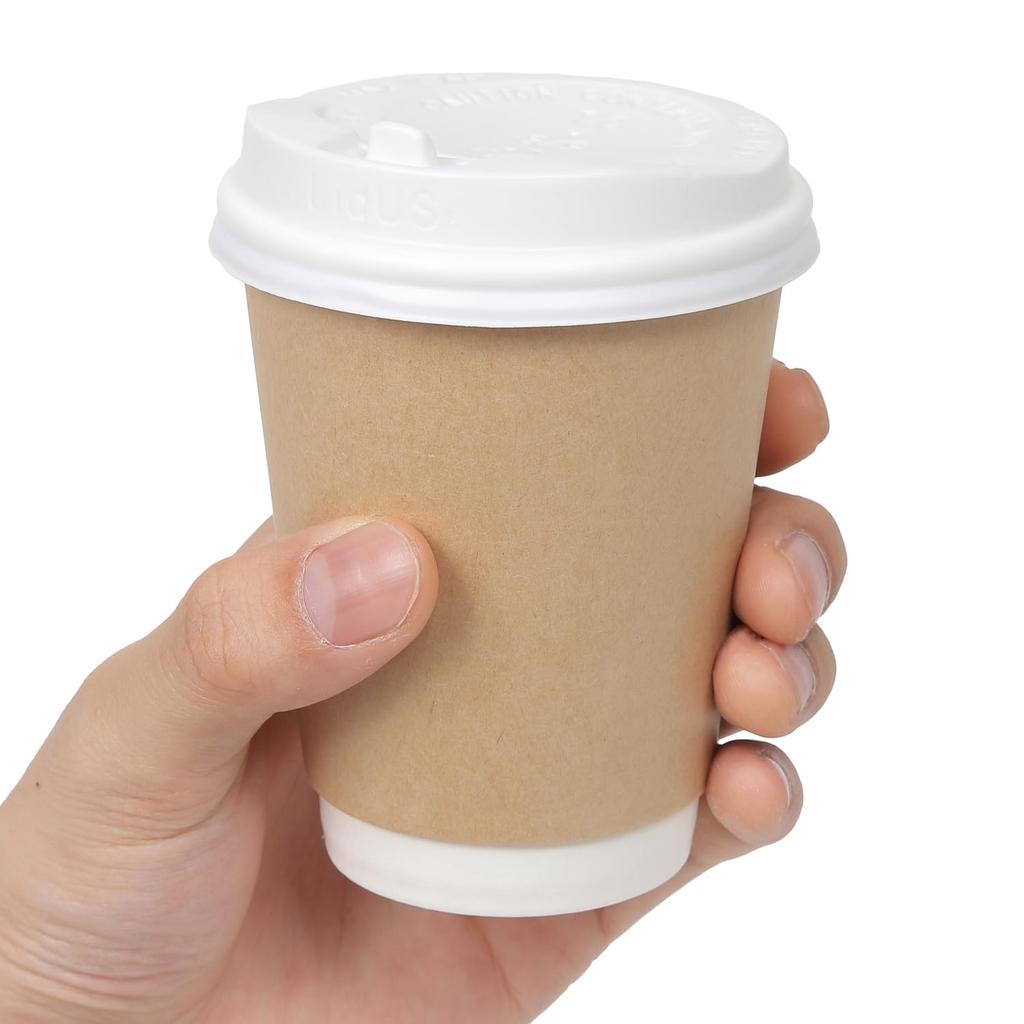 Set of 50 280ml 8oz Insulated Paper Cups, Heat-Resistant, Takeout, with Lids (Retractable), Unbleached Kraft Paper (White Lids)