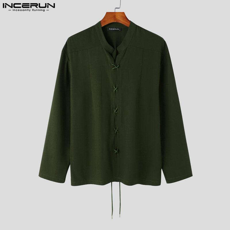 INCERUN Men Vintage Ethnic Long Sleeve Lace Up Shirts Casual Bandage Tops