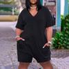 Plus Size Womens Casual V Neck Pockets Short Sleeve Jumpsuits Wide Shorts Rompers (S-5XL)