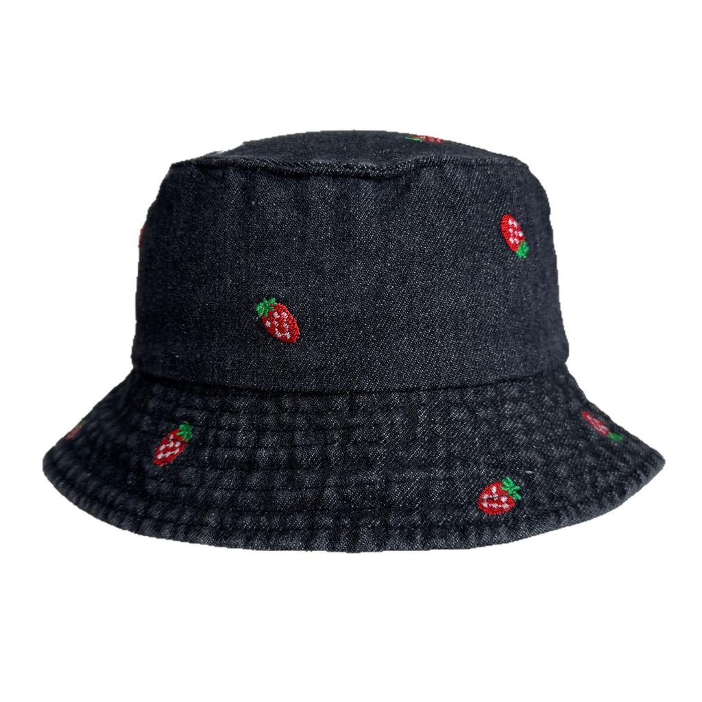 New Strawberry Denim Embroidered Shell Bucket Hat Men's and Women's Sunshade Basin Hat Spring and Summer Fashion Versatile Tide