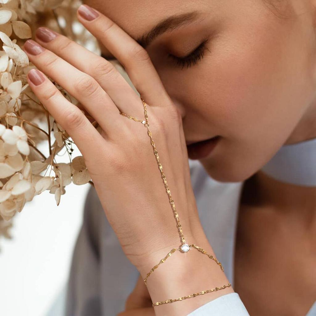 Stainless Steel Hand Chain Ring Bracelet for Women, Adjustable Gold Plated Doule-layer Bracelets, Christmas Party Zircon