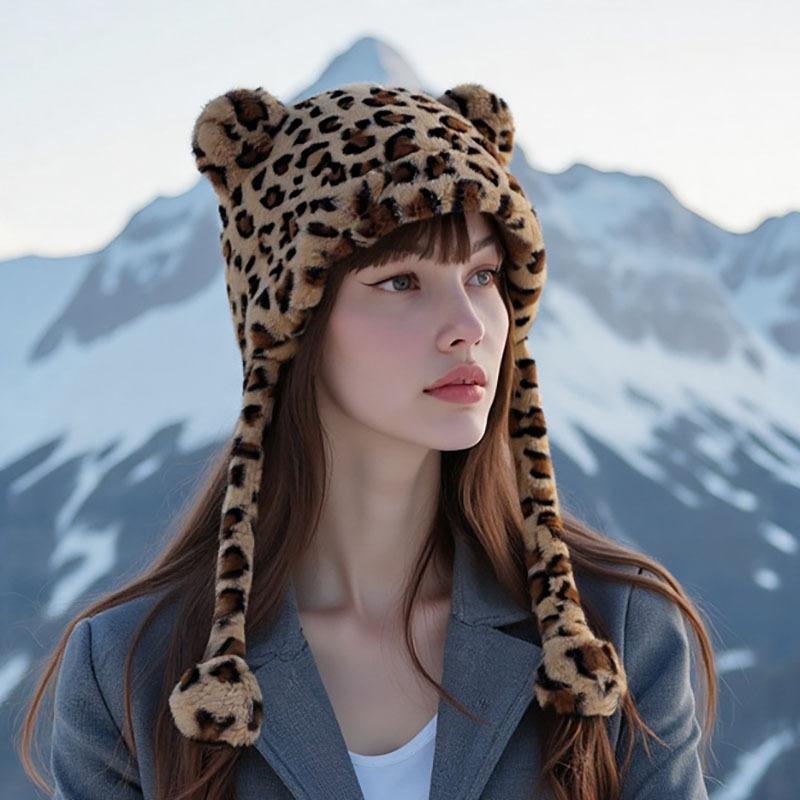Star Leopard Print Plush Lei Feng Hat Women's Autumn and Winter Thickened Cold-proof and Warm Ear Protection Hat Cute Bear Headhat