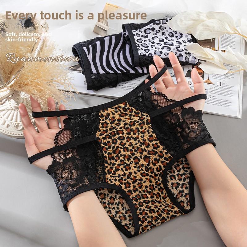 Damen Frühling und Sommer Sexy Spitze Leopardenmuster mit hohlem hohlem atmungsaktivem hohen Bund reiner Baumwollschritt Unterwäsche