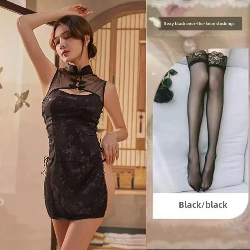 Sexy Retro Jacquard Strap Cheongsam Uniform Temptation Perspective Sex Underwear Stand-up Collar Buckle