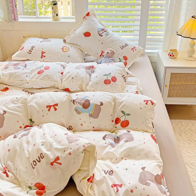 Girls Boys New Bed Linen Lucky Dog Bedding Set Cute Cartoon No Filler Twin Full Size Duvet Cover Flat Sheet Pillowcase Fashion