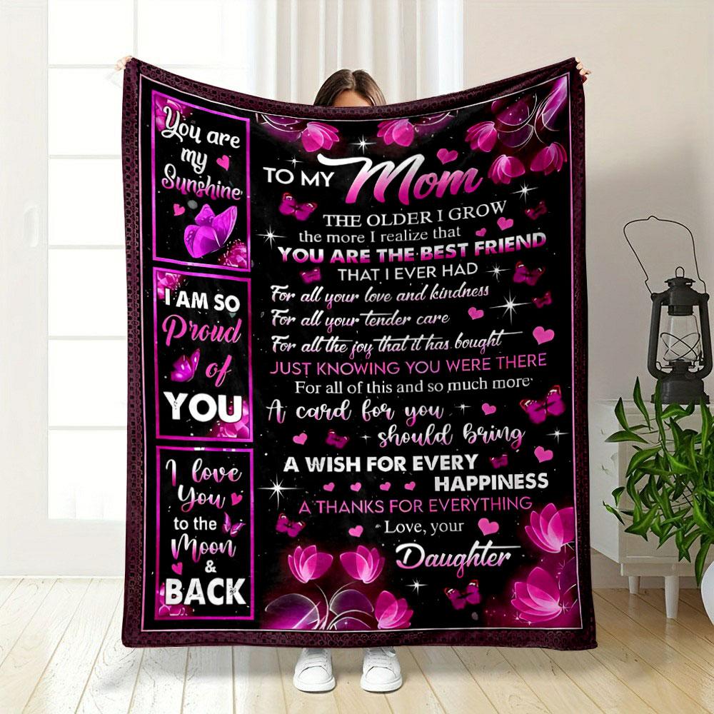 To My Mom Love Words Pink Butterfly Design, Warm Blanket Blanket for Livingroom Couch Lunch Break Soft Throw for Friend's Festival Gift
