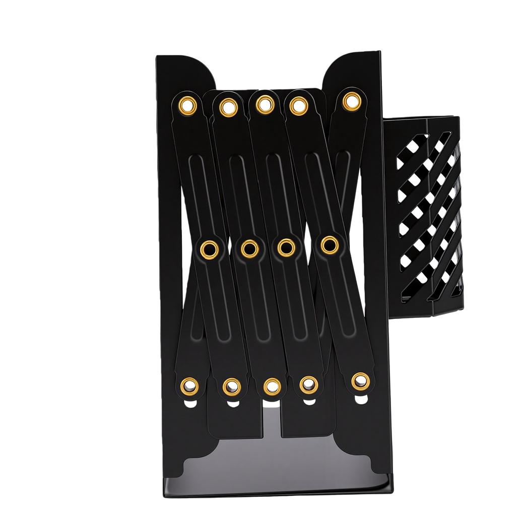 Adjustable Bookend Sturdy Metal Expandable Book End with Pen Holder for Magazines DVDs Albums