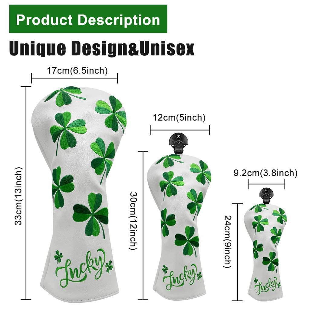 Golf Club Head Cover Lucky Clover Specification Golf Wood Cover Set Golf Driver Cover Fairway Hybrid Head Cover Putter Cover Pin Type Aliennana Made
