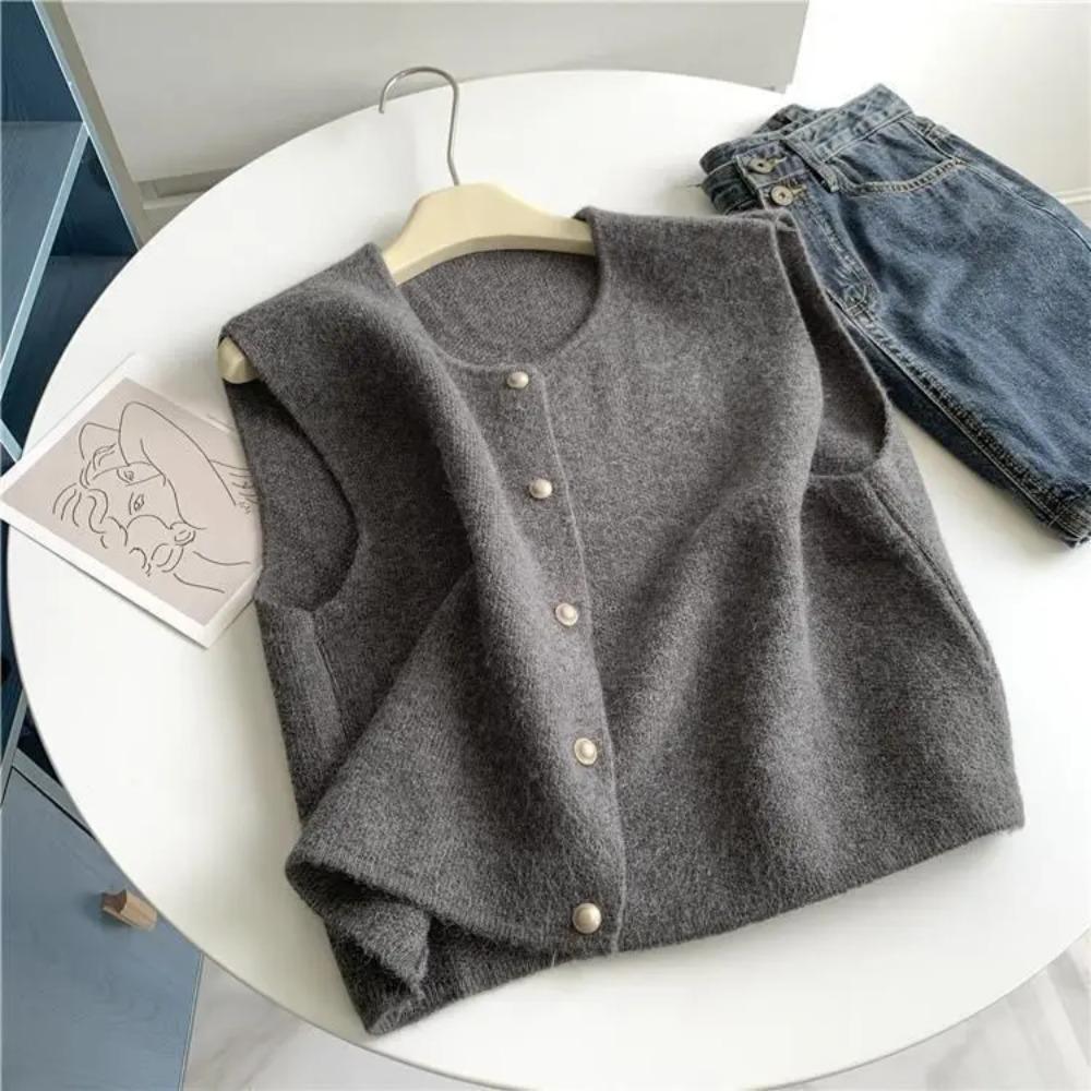 Crew Neck Women's Korean Solid Button Short Sleeve Cardigan Coats Sweater Knitted Sleeveless Ladies Elegant Tanks Bottoming