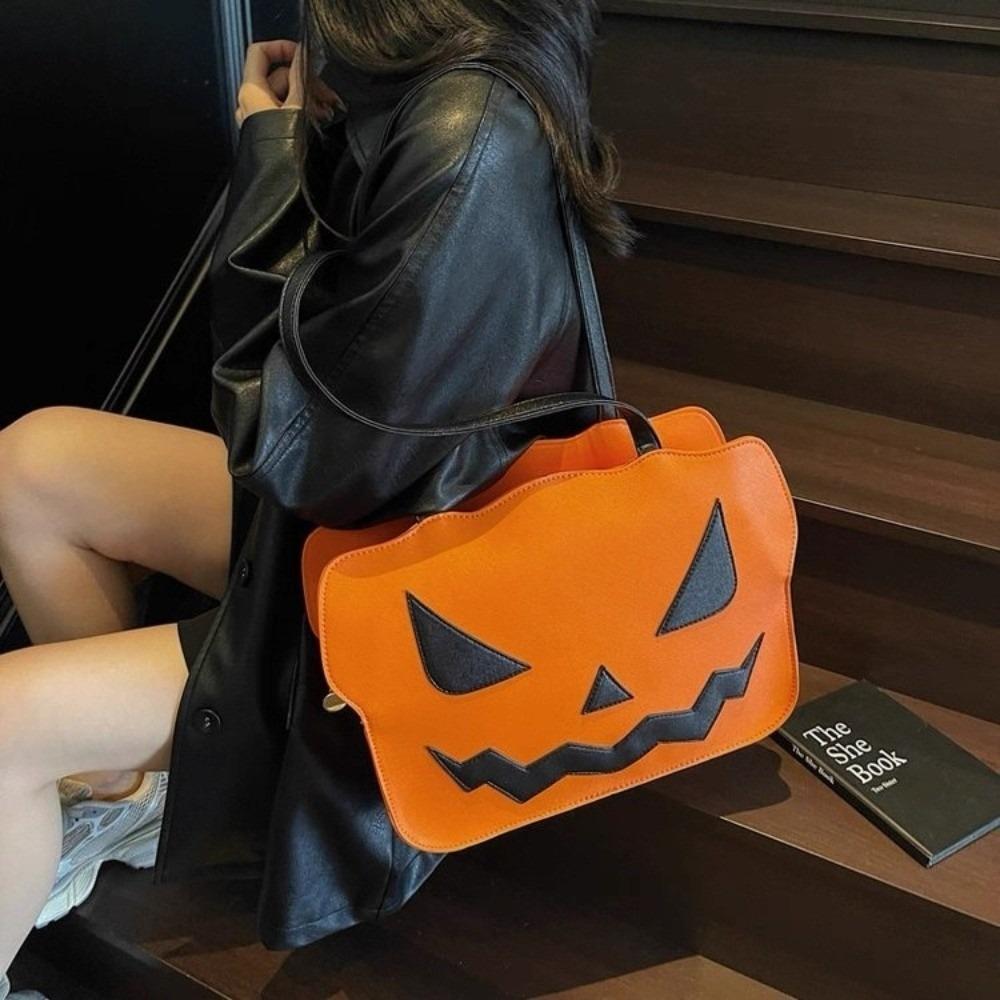 Pu Leather Halloween Tote Bag Gothic Demon Messenger Bag Funny Pumpkin Shoulder Bag Women